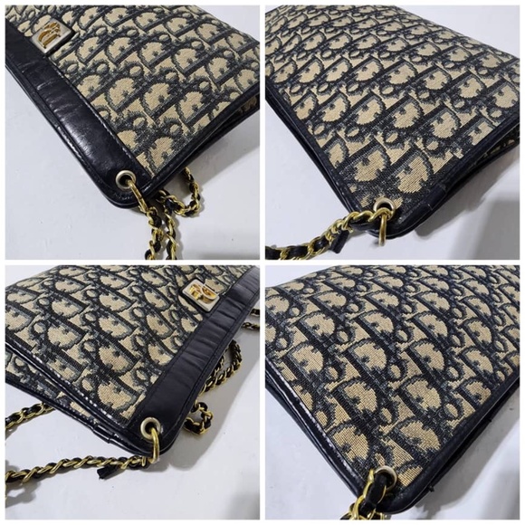 SOLDAuthentic Christian Dior Vintage Trotter Canvas Shoulder Bag Navy Blue/Beige - Picture 14 of 16